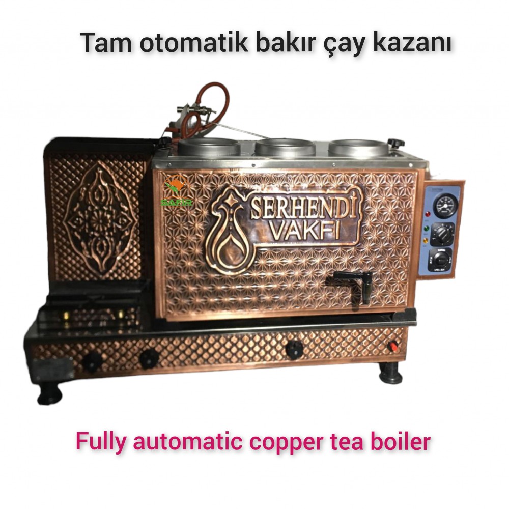 Kişiye Özel 3 Demlikli Tam Otomatik Bakır Çay Kazanı Elektrikli ve Tüplü Logolu Model Süper Kampanya Osmanlı Eskitme Çay Kazanı