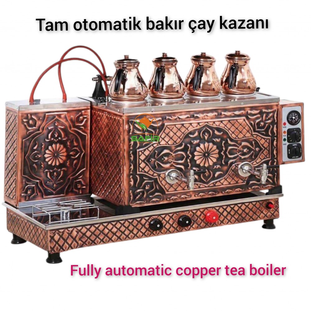 4 Demlikli Doğalgazlı Bakır Çay Kazanı Ocağı CE ve GAZMER Açılış Onaylı Çay Ocağı Kazanı Gaz Emniyet Kilit Sistemli Bakır Çay Semaveri klasik model