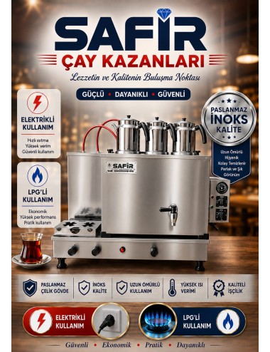SAFİR 3 DEMLİKLİ İNOKS TAM OTOMATİK ÇAY KAZANI ELEKTRİKLİ VE TÜPLÜ ÇAY OCAĞI KAZANI ÇAY SEMAVERİ SAFİR VIP A++