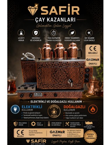 3 GÖZLÜ BAKIR ÇAY KAZANI ELEKTRİK + DOĞALGAZLI BAKIR ÇAY SEMAVERİ CE ve GAZMER AÇILIŞ ONAYLI GAZ EMNİYET KİLİT SİSTEMLİ GAZ VANALI GÜNEŞ MODEL BAKIR ÇAY OCAĞI KAZANI VİP PLUS