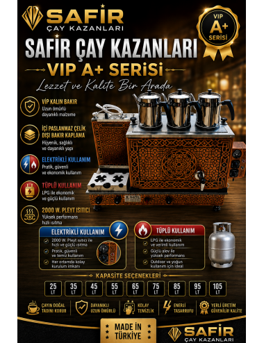 3 GÖZLÜ BAKIR ÇAY KAZANI ELEKTRİK + TÜPLÜ BAKIR ÇAY SEMAVERİ LPG’Lİ  GÜNEŞ MODEL BAKIR ÇAY OCAĞI KAZANI VİP PLUS