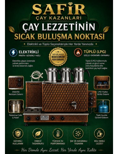 3 GÖZLÜ BAKIR ÇAY KAZANI ELEKTRİK + TÜPLÜ BAKIR ÇAY SEMAVERİ LPG’Lİ  YILDIZ MODEL BAKIR ÇAY OCAĞI KAZANI VİP PLUS