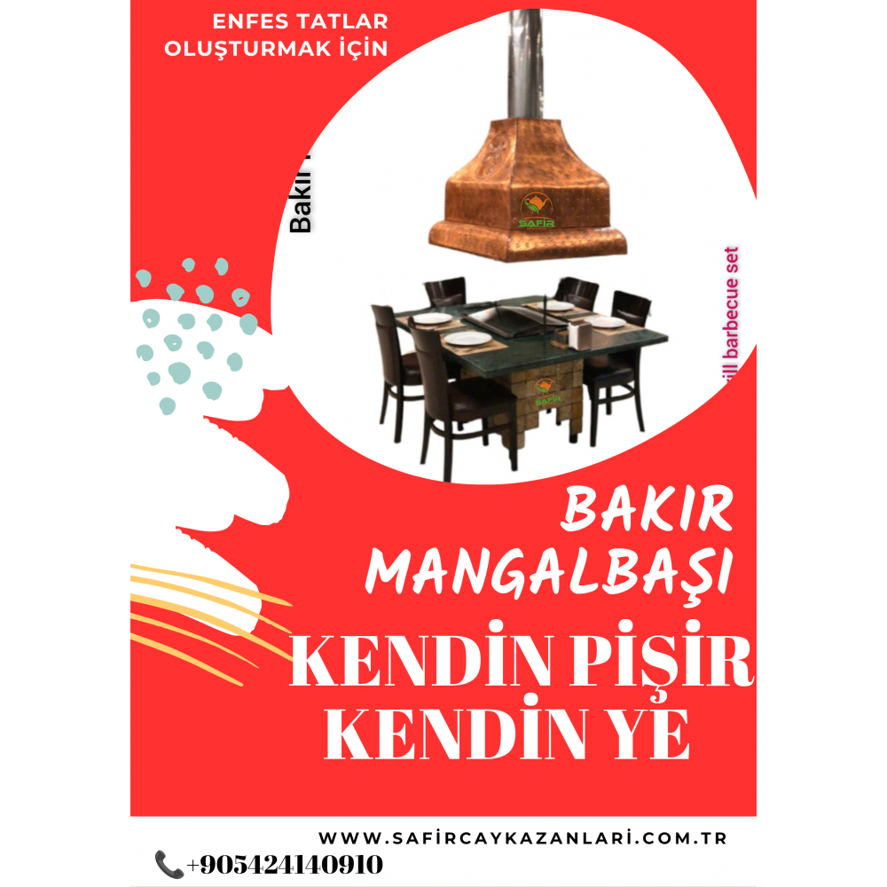 SAFİR BAKIR MANGALBAŞI KENDİN PİŞİR KENDİN YE MANGALI IZGARA BAKIR TEZGAHLI MASA MERMER DAVLUMBAZ OCAKBAŞI MANGALI (6-8 KİŞİLİK) TAM SET – BAKIR TEZGAHLI.