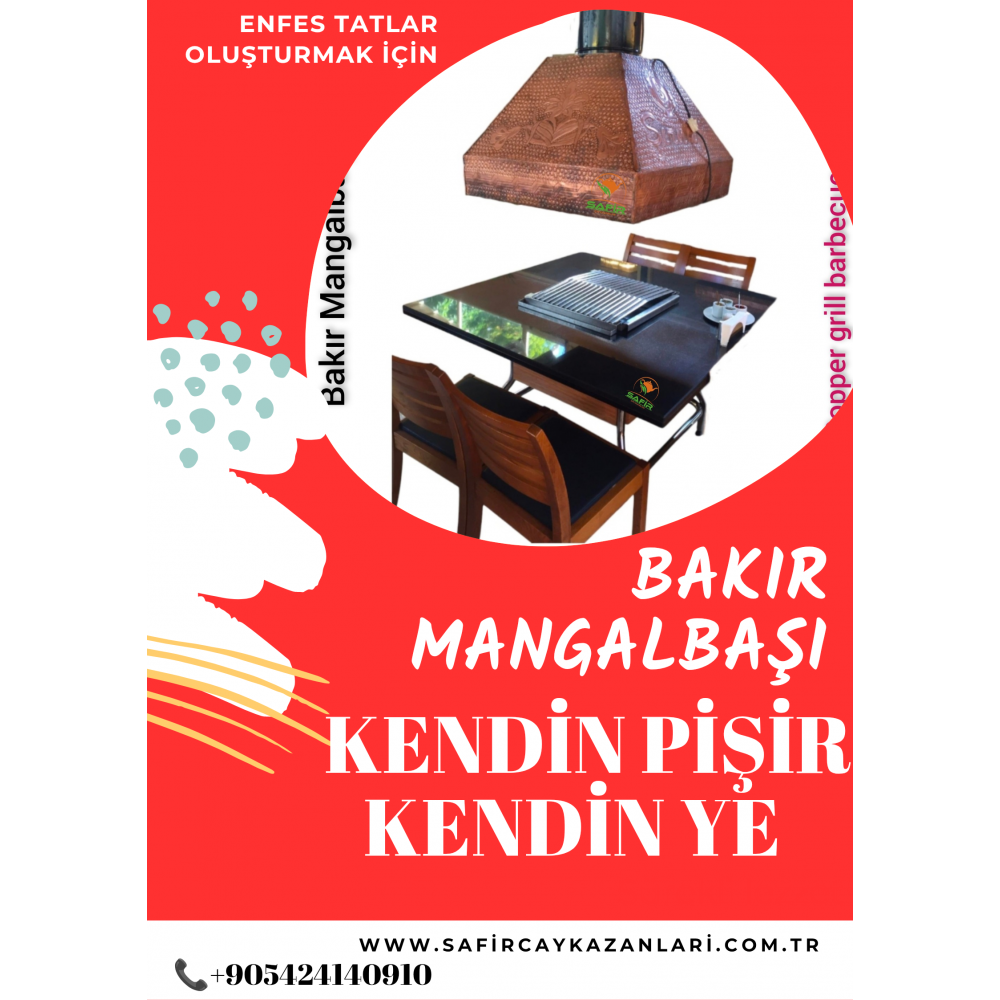 SAFİR BAKIR MANGALBAŞI KENDİN PİŞİR KENDİN YE MANGALI IZGARA MASA MERMER DAVLUMBAZ OCAKBAŞI MANGALI (6-8 KİŞİLİK) TAM SET - PROFİL AYAKLI