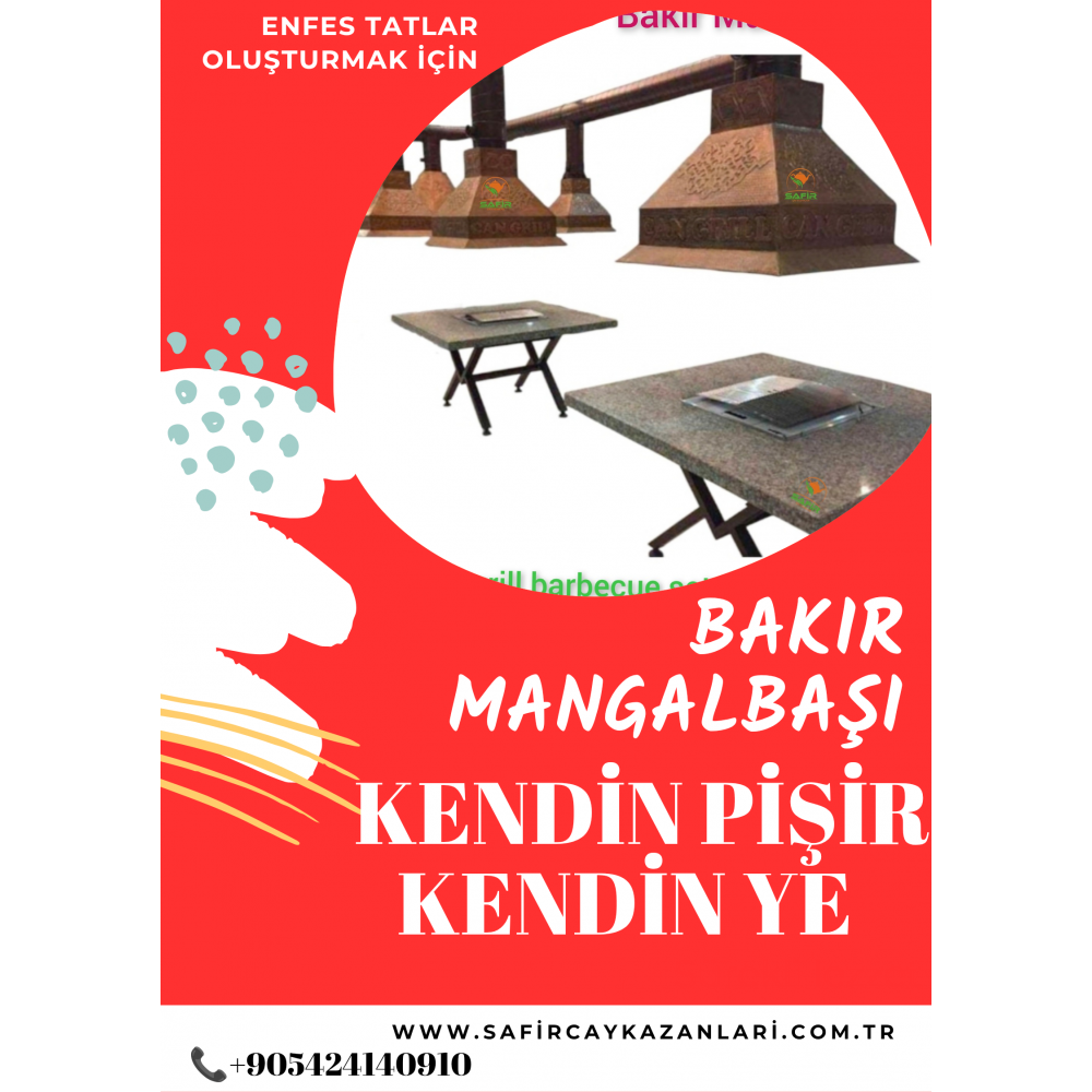SAFİR BAKIR MANGALBAŞI KENDİN PİŞİR KENDİN YE MANGALI IZGARA MASA MERMER DAVLUMBAZ OCAKBAŞI MANGALI (4 KİŞİLİK) TAM SET - PROFİL AYAKLI