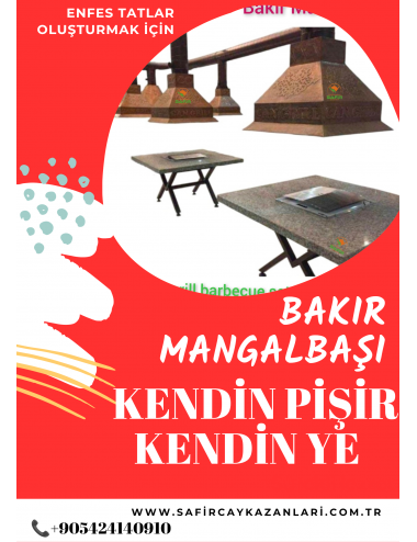 SAFİR BAKIR MANGALBAŞI KENDİN PİŞİR KENDİN YE MANGALI IZGARA MASA MERMER DAVLUMBAZ OCAKBAŞI MANGALI (4 KİŞİLİK) TAM SET - PROFİL AYAKLI