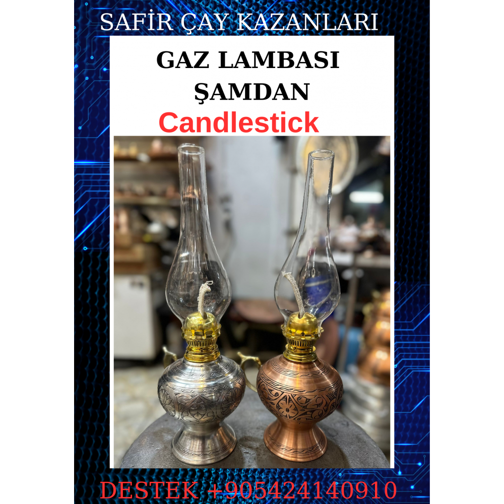 SAFİR BAKIR GAZ LAMBASI BAKIR ŞAMDAN DEKORATİF ANTİK BAKIR OSMANLI GAZ LAMBASI PORTATİF NOSTALJİK GAZ LAMBASI ŞAMDAN BEYAZ KALAYLI
