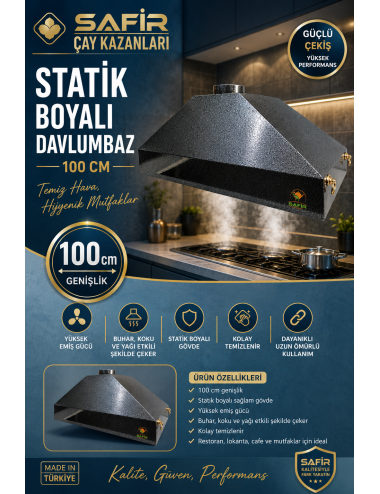 SAFİR GRİ STATİK BOYALI DAVLUMBAZ 100 CM EBATLI SAFİR DAVLUMBAZ 3 GÖZLÜ ÇAY KAZANI İÇİN DAVLUMBAZ