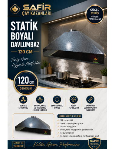 SAFİR GRİ STATİK BOYALI DAVLUMBAZ 120 CM EBATLI SAFİR DAVLUMBAZ 5 ve 6 GÖZLÜ ÇAY KAZANI İÇİN DAVLUMBAZ