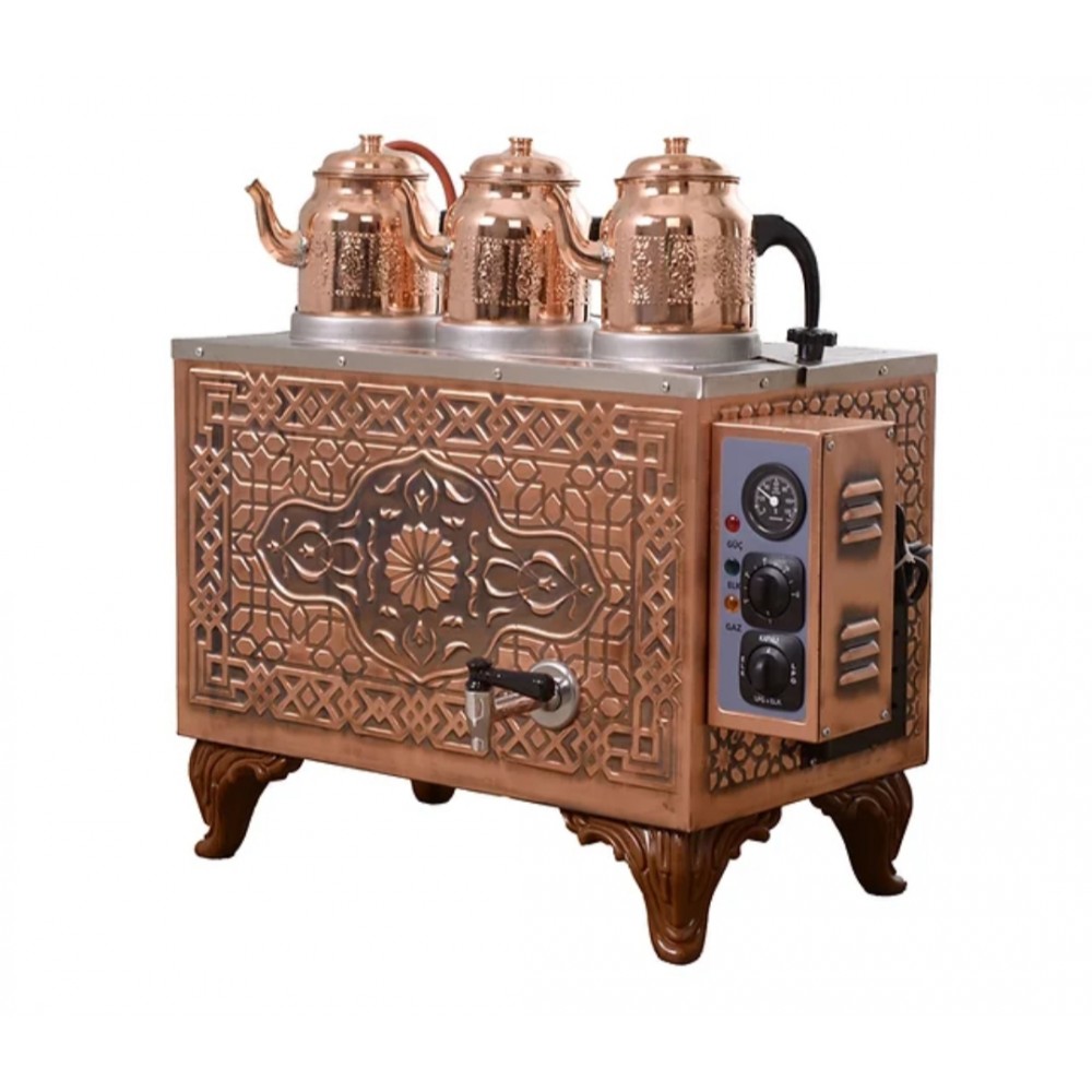 Vip A++ 1,20 mm kalınlığında Paslanmaz iç kazan Özel Dijital Çakmaklı 3 demlikli Sadece Elektrikli Ofistipi Bakır Çay kazanı Bakır Çay Semaveri Özel malzeme kalitesi Osmanlı Tuğra Bayrak Model ve Klasik Modeller Çift rezistanslıdır.