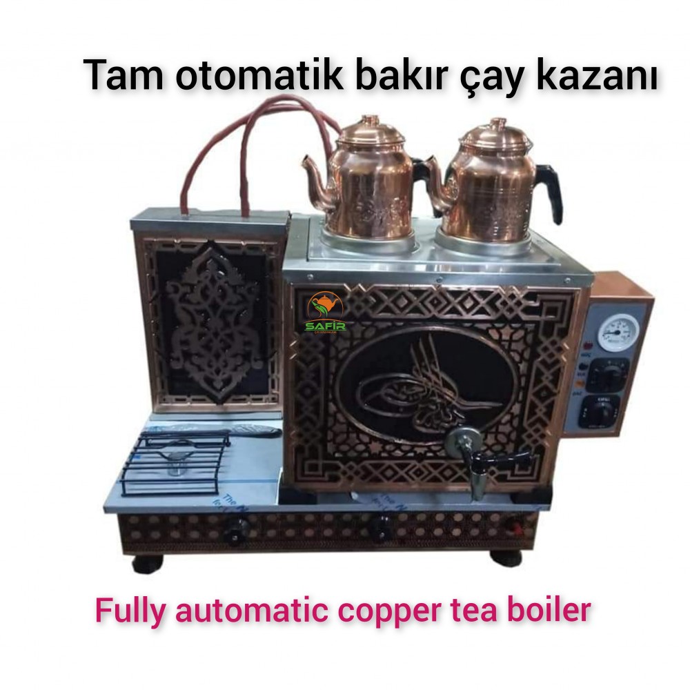 2 Demlikli Tam Otomatik Bakır Çay Kazanı Elektrikli ve Doğalgazlı CE Belgeli GAZMER onay sertifikalı Gaz Emniyet kilit Sistemli Tuğra Model Süper Kampanya Osmanlı Eskitme Çay Kazanı