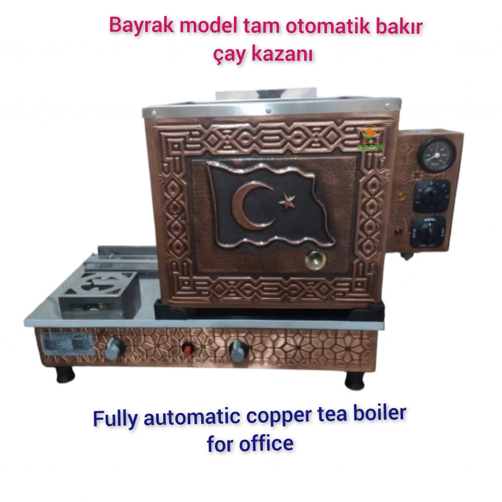 2 Demlikli Bakır Tam Otomatik Çay Kazanı Elektrikli ve Tüplü Türk Bayrağı Model Çay Semaveri