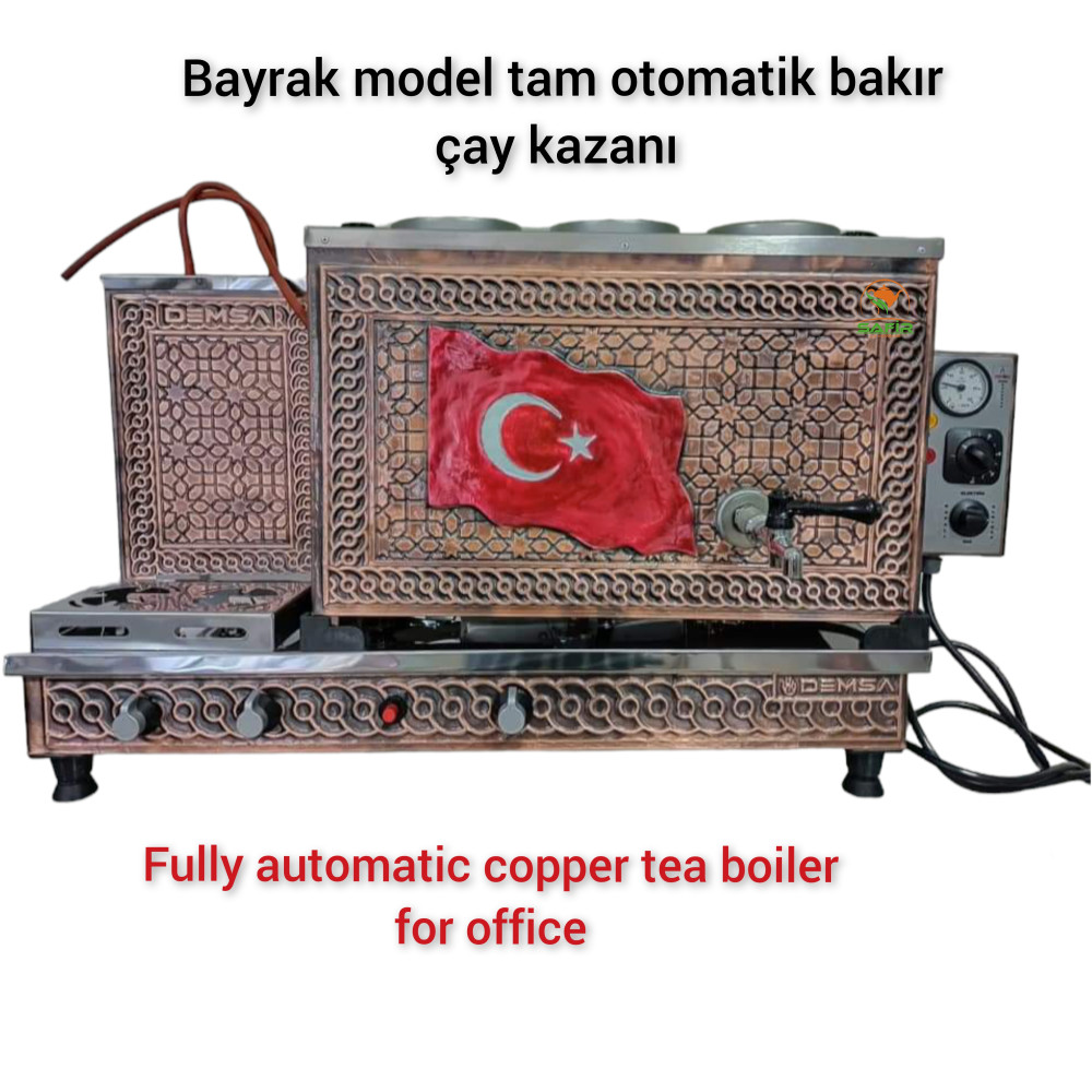 3 Demlikli Tam Otomatik Bakır Çay Kazanı Elektrikli ve Tüplü Bayrak Model Süper Kampanya Osmanlı Eskitme Çay Kazanı