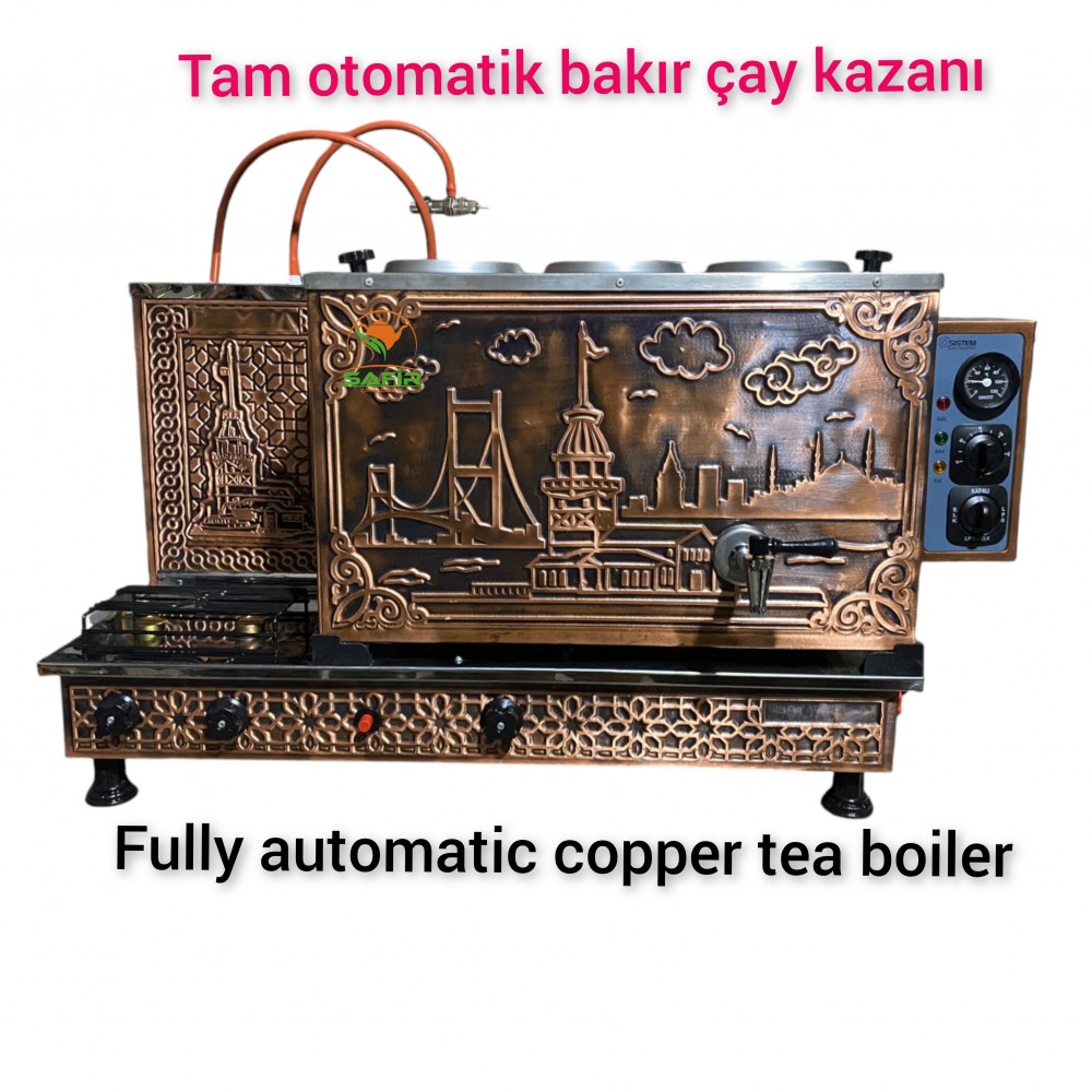 3 Demlikli Bakır Çay Kazanı Tam Otomatik Ce ve Gazmer Açılış Onaylı Gaz Koku Algılama Kesme Sistemli Çay Ocağı Kazanı Ventil Termukulp Sistemli Çay Semaveri