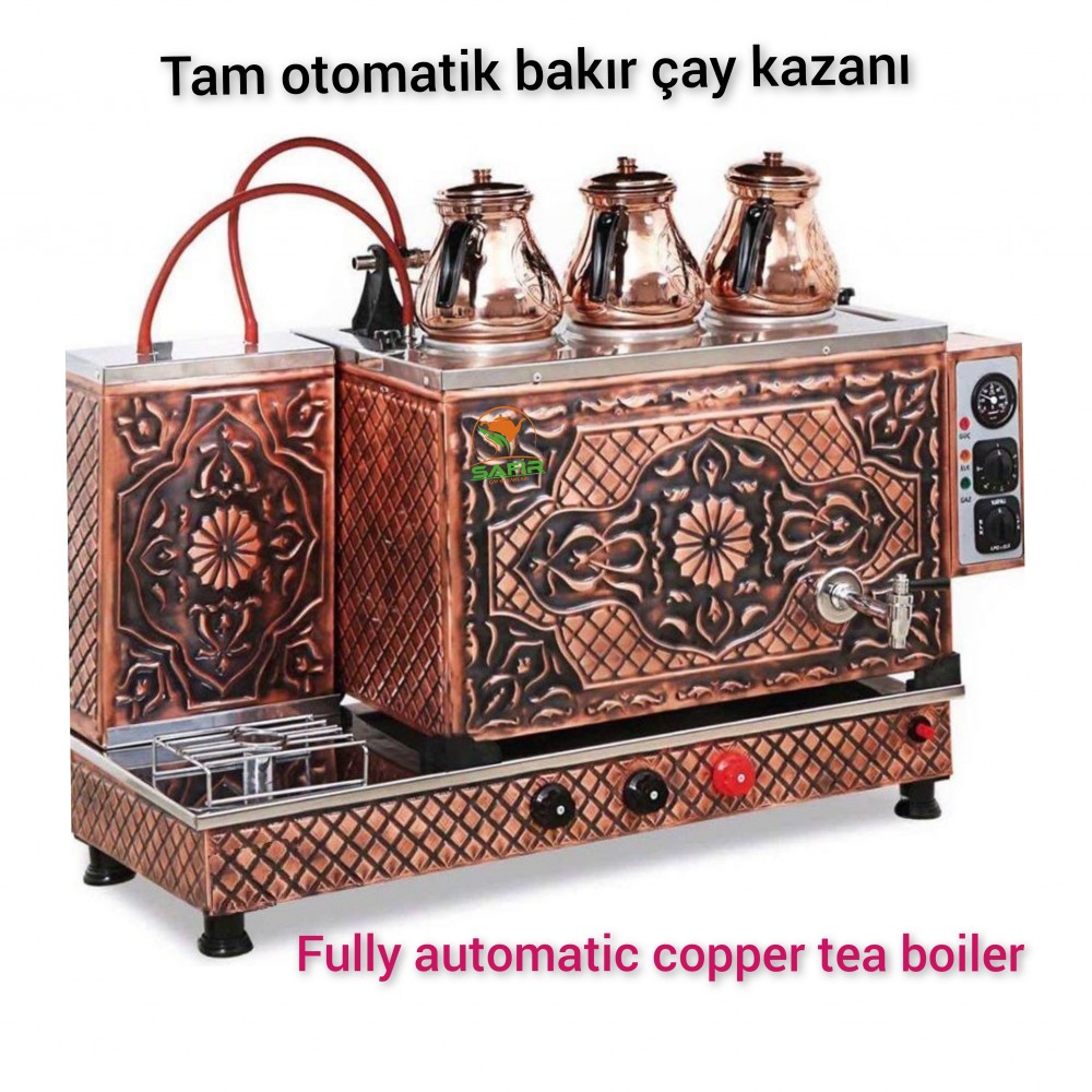3 Demlikli Bakır Çay Kazanı Elektrikli ve Doğalgazlı Gazmer Açılış ve Ce Belge Onaylı Gaz Koku Algılama Ve Kesme Sistemli Ventil Termukulp Sistemli Çay Ocağı 
