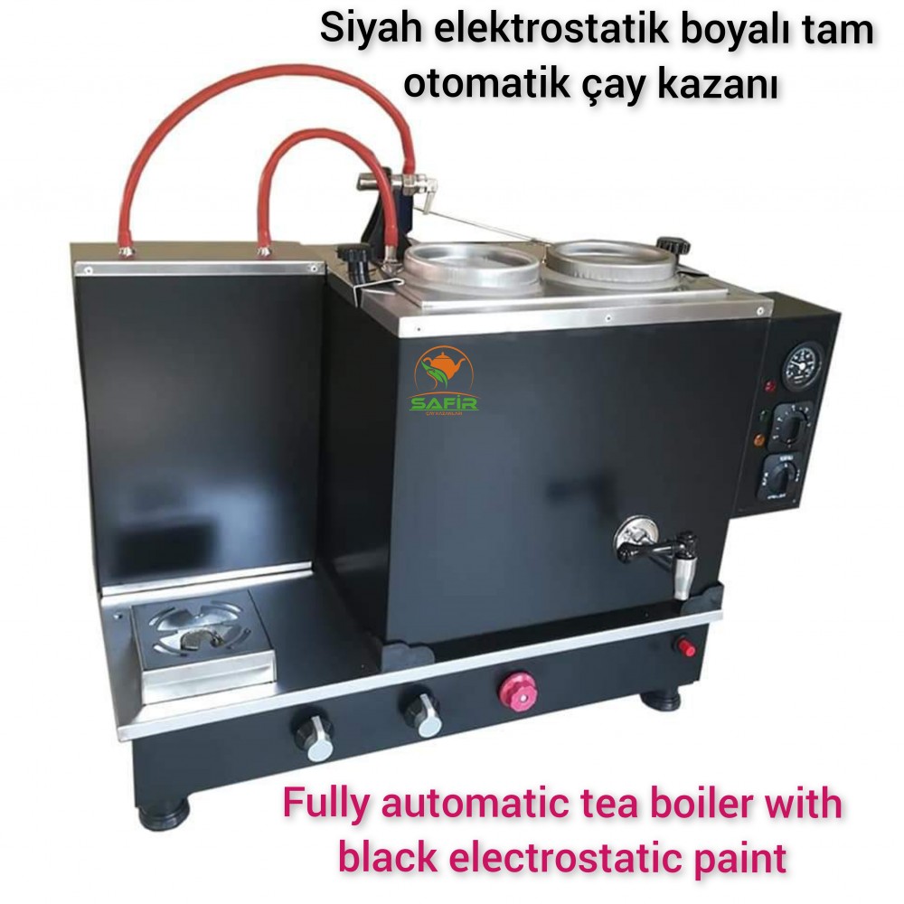 2 Demlikli Kromat Siyah çay ocağı  Ventilli (Gaz Koku Algılama ve Kesme Sistemli) Kromat Siyah Çay Kazanı Elektrik + Doğalgazlı Siyah Çay Semaveri ETS sistemli. Siyah Boyalı Çaycı