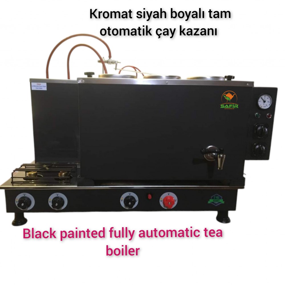3 Demlikli Kromat Siyah çay ocağı  Ventilli (Gaz Koku Algılama ve Kesme Sistemli) Kromat Siyah Çay Kazanı Elektrik + Doğalgazlı Siyah Çay Semaveri ETS sistemli. Siyah Boyalı Çaycı