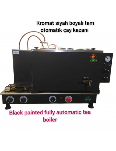 3 Demlikli Kromat Siyah çay ocağı  Ventilli (Gaz Koku Algılama ve Kesme Sistemli) Kromat Siyah Çay Kazanı Elektrik + Doğalgazlı Siyah Çay Semaveri ETS sistemli. Siyah Boyalı Çaycı