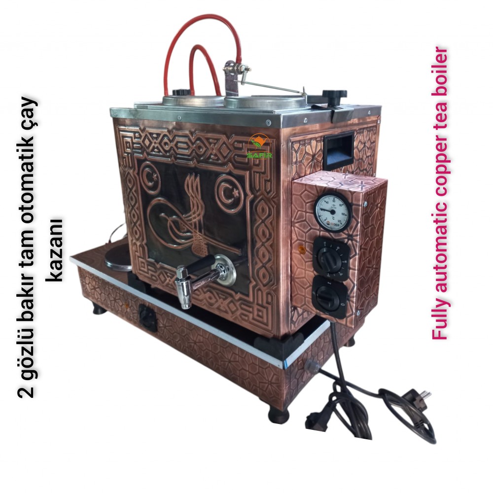 Vip A++ 1,20 mm kalınlığında Paslanmaz iç kazan Özel Dijital Çakmaklı 2 demlikli Elektrikli ve Doğalgazlı Bakır Çay kazanı Bakır Çay Semaveri Özel malzeme kalitesi Osmanlı Tuğra Bayrak Model ve Klasik Modeller
