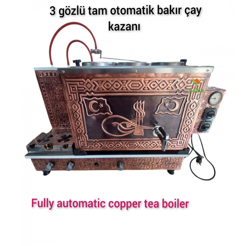 Vip A++ 1,20 mm kalınlığında Paslanmaz iç kazan Özel Dijital Çakmaklı 3 demlikli Elektrikli ve Doğalgazlı Bakır Çay kazanı Bakır Çay Semaveri Özel malzeme kalitesi Osmanlı Tuğra Bayrak Model ve Klasik Modeller