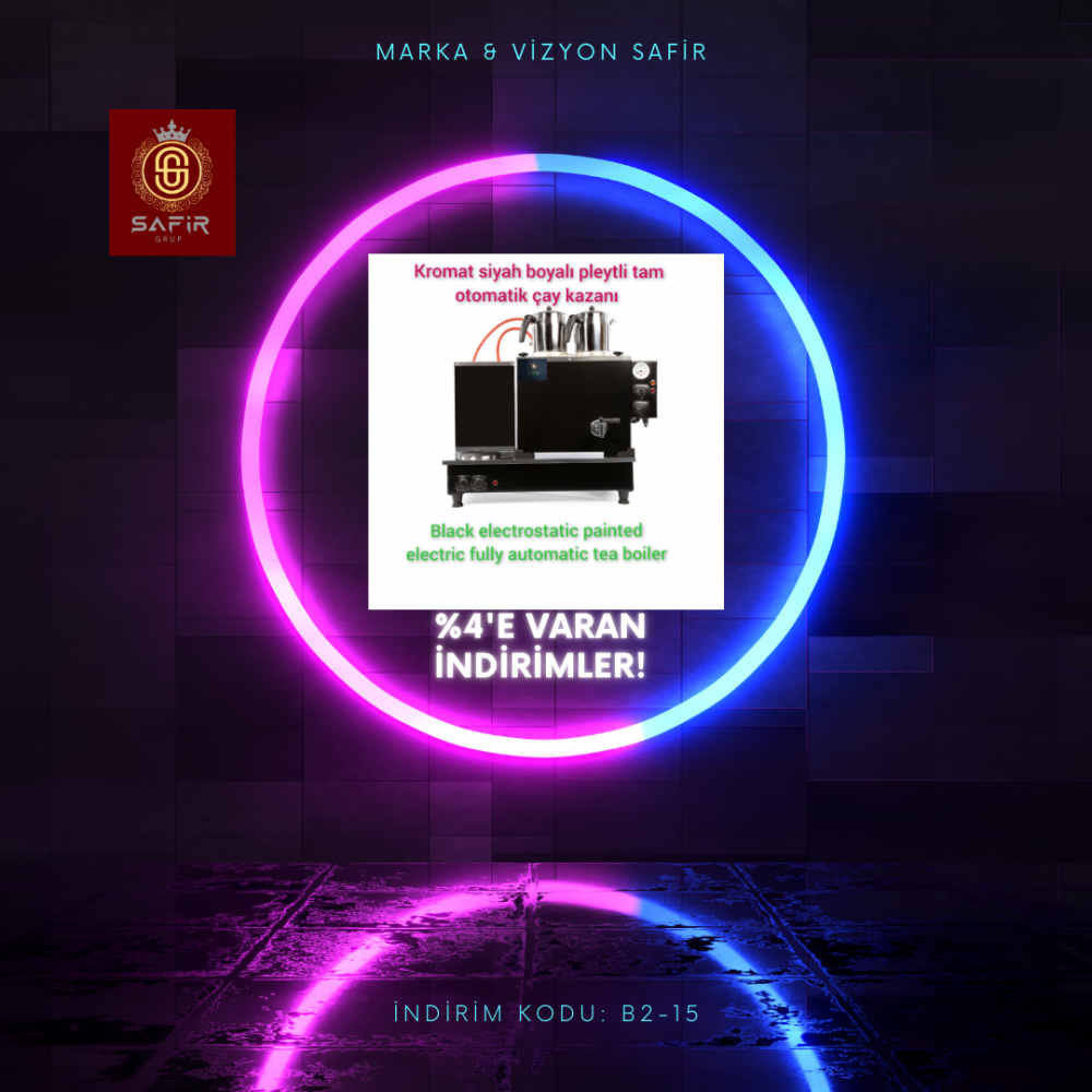 2 Demlikli Tam Otomatik Kromat Siyah Boyalı Çay Kazanı Elektrikli Pleytli Siyah Model Süper Kampanya