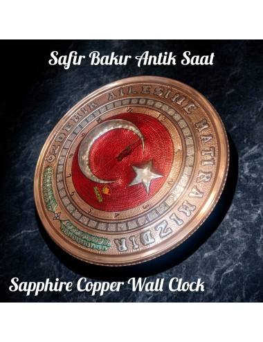 BAKIR DUVAR SAATİ 50 CM EBATLI KİŞİYE ÖZEL TÜRK BAYRAKLI BAKIR DUVAR SAATİ ÖZEL EL İŞLEMESİ ANTİK SAAT