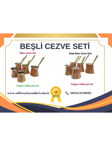 SAFİR CEZVE SETİ BEŞLİ BAKIR CEZVE SETİ BAKIR TÜRK KAHVESİ CEZVE SETİ BEŞLİ SET