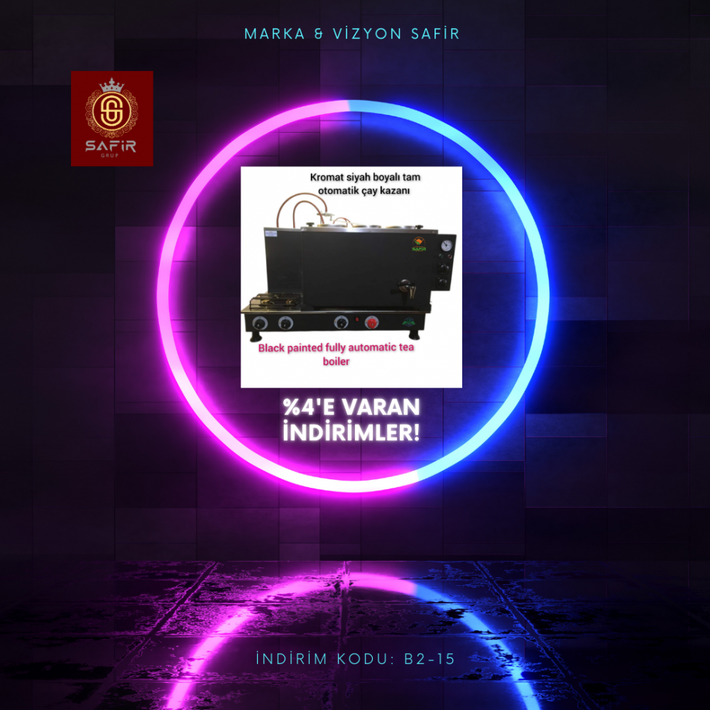 3 Demlikli Kromat Siyah çay ocağı  Ventilli (Gaz Koku Algılama ve Kesme Sistemli) Kromat Siyah Çay Kazanı Elektrik + Doğalgazlı Siyah Çay Semaveri ETS sistemli. Siyah Boyalı Çaycı
