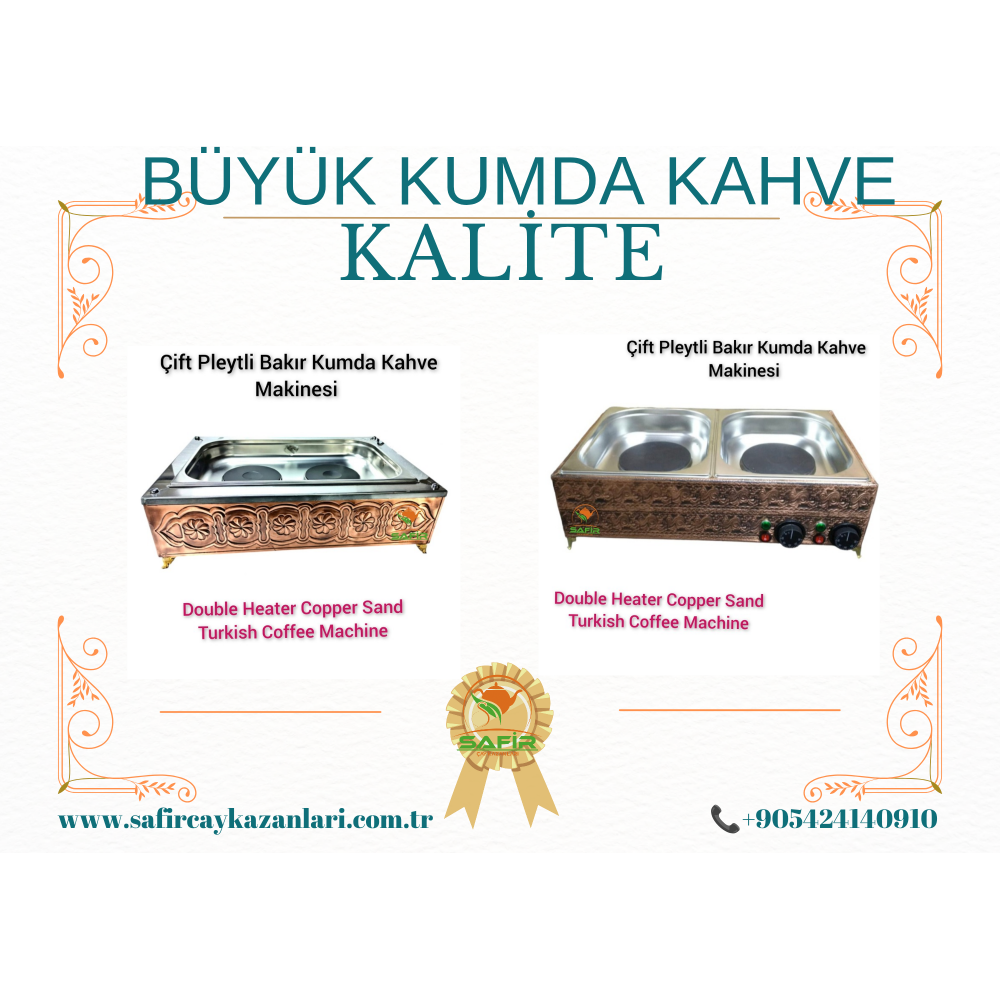 SAFİR ÇİFT PLEYTLİ BAKIR KUMDA KAHVE MAKİNESİ BÜYÜK BOY 55X33 CM 10-14 CEZZVELİK BAKIR KUMDA TÜRK KAHVESİ MAKİNESİ