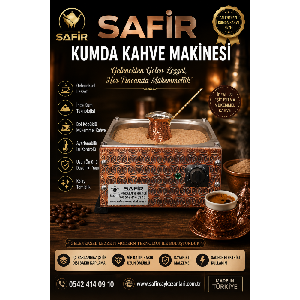 SAFİR BAKIR KUMDA KAHVE MAKİNESİ BÜYÜK BOY CEZVE DAHİL ORTA BOY 35X28 CM EBATLI 4 CEZVELİK BAKIR KUMDA TÜRK KAHVE MAKİNESİ 