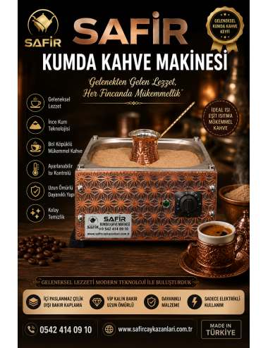 SAFİR BAKIR KUMDA KAHVE MAKİNESİ BÜYÜK BOY CEZVE DAHİL ORTA BOY 35X28 CM EBATLI 4 CEZVELİK BAKIR KUMDA TÜRK KAHVE MAKİNESİ 