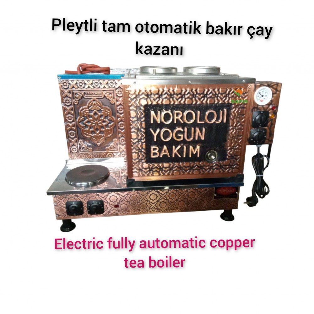 Kişiye Özel Logolu Yazılı 2 Demlikli Bakır Tam Otomatik Çay Kazanı Elektrikli ve Tüplü Bakır Çay Semaveri