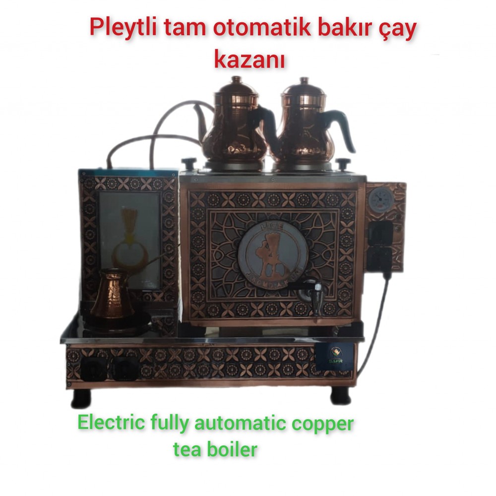Kişiye özel logolu model 2 Demlikli Tam Otomatik Bakır Çay Kazanı Elektrikli ve Doğalgazlı CE Belgeli GAZMER Belge Onaylı Ventil Sistemli Süper Kampanya Osmanlı Eskitme Çay Kazanı